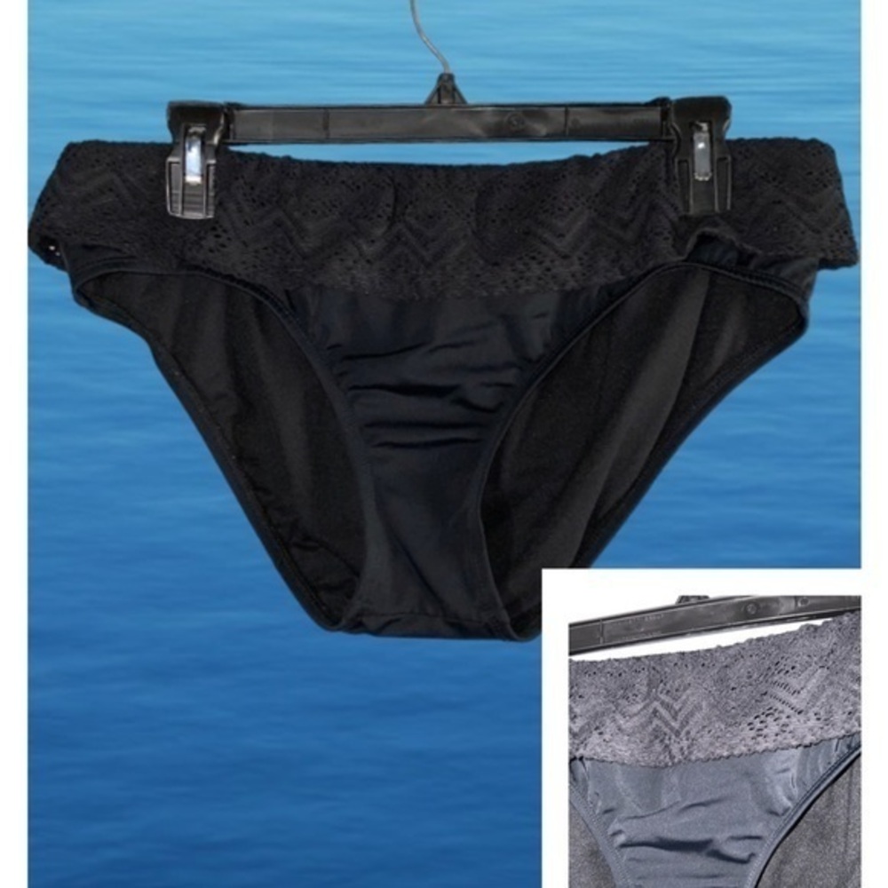 Alex Marie Black Hipster Lace Waist Fold Swimsuit Bikini Bottoms M/L